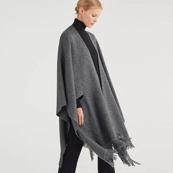 NEW 7 For All Mankind Dark Grey Cashmere Wool Blend Fringe Poncho Wrap OS - Picture 1 of 11